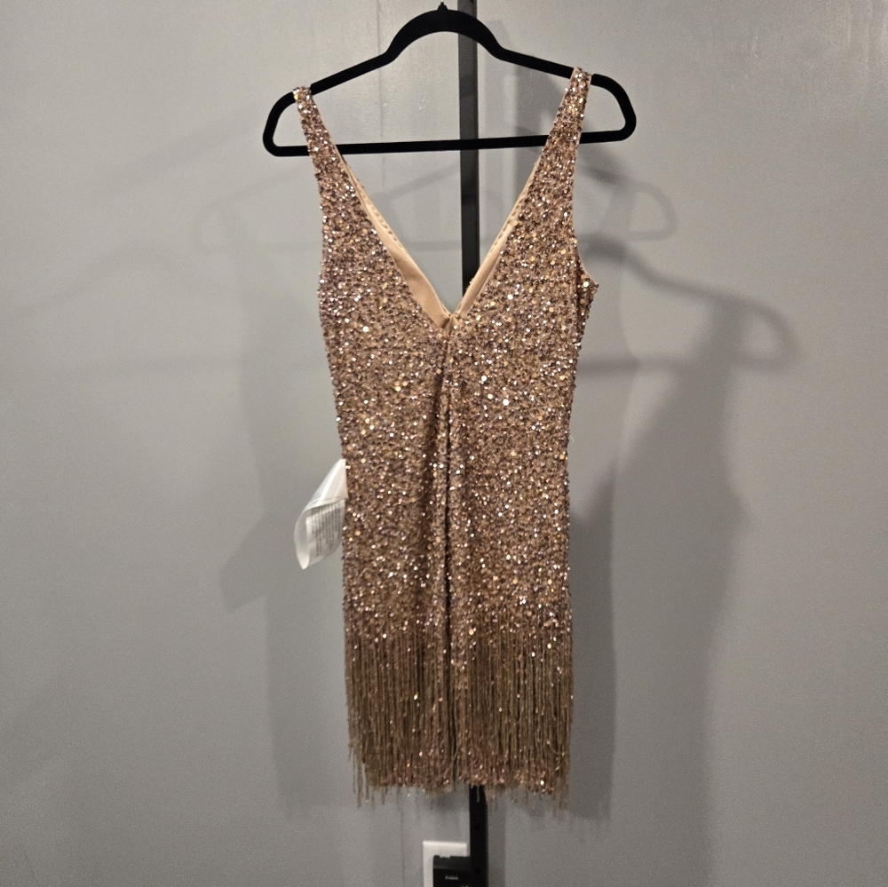 NWT Mac Duggal Beaded Fringe Sequined Mini Dress, Copper Style 4971 - Picture 7 of 9